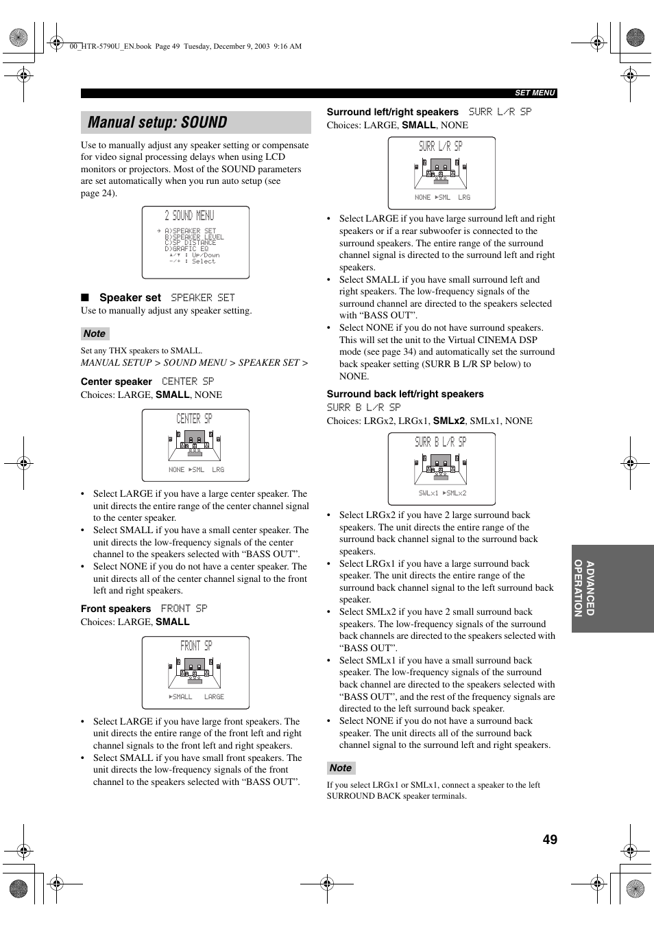 Manual setup: sound, 2 sound menu, Center sp | Front sp, Surr l/r sp, Surr b l/r sp | Yamaha HTR-5790 User Manual | Page 53 / 90