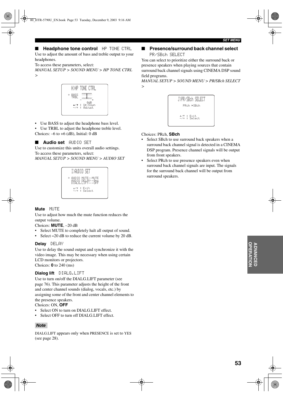 H)hp tone ctrl, I)audio set, J)pr/sbch select | Yamaha HTR-5790 User Manual | Page 57 / 90