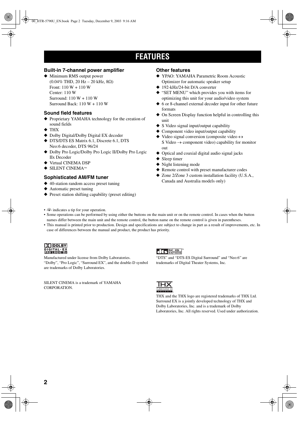 Features | Yamaha HTR-5790 User Manual | Page 6 / 90