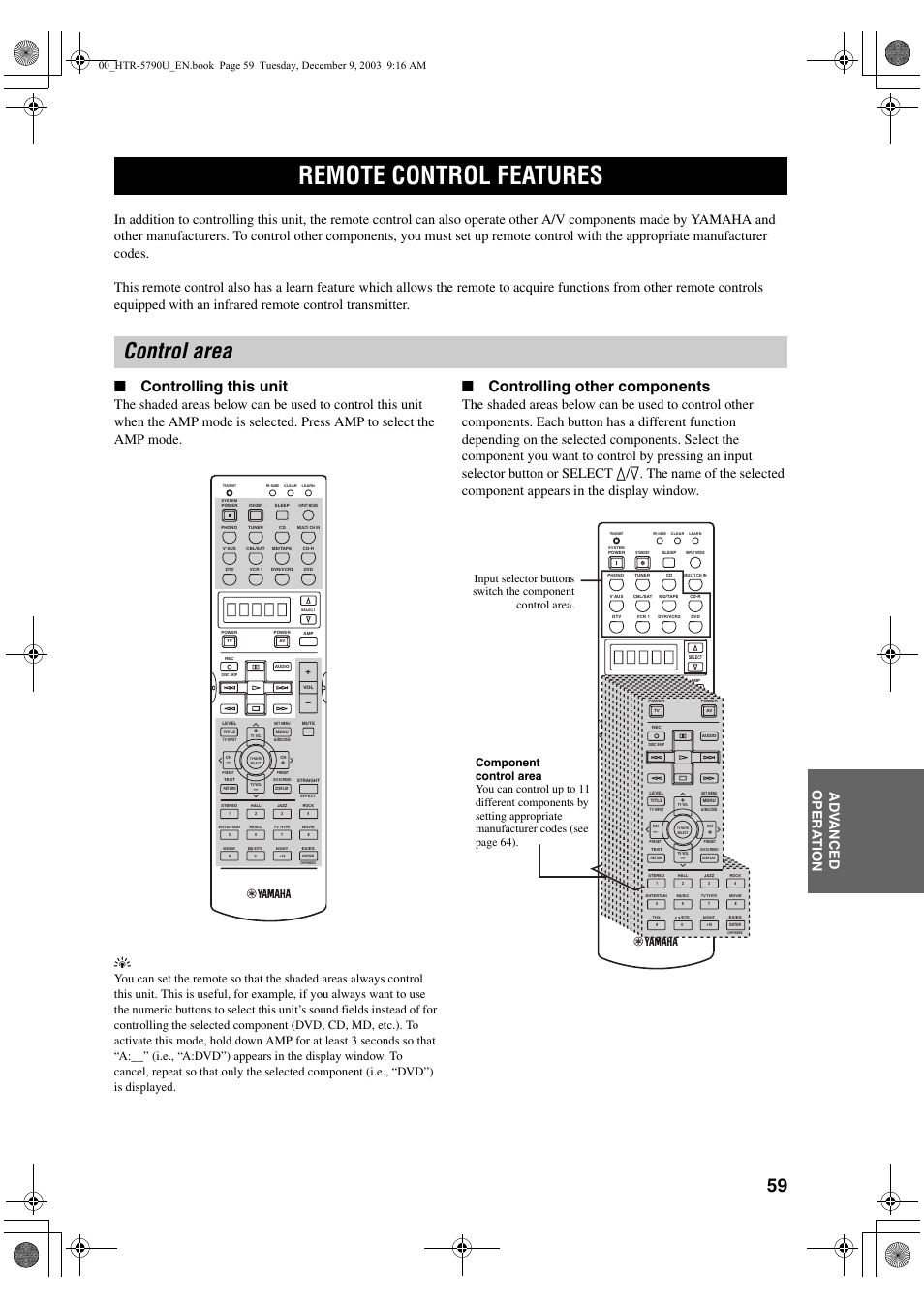 Remote control features, Control area, Controlling this unit | Controlling other components | Yamaha HTR-5790 User Manual | Page 63 / 90