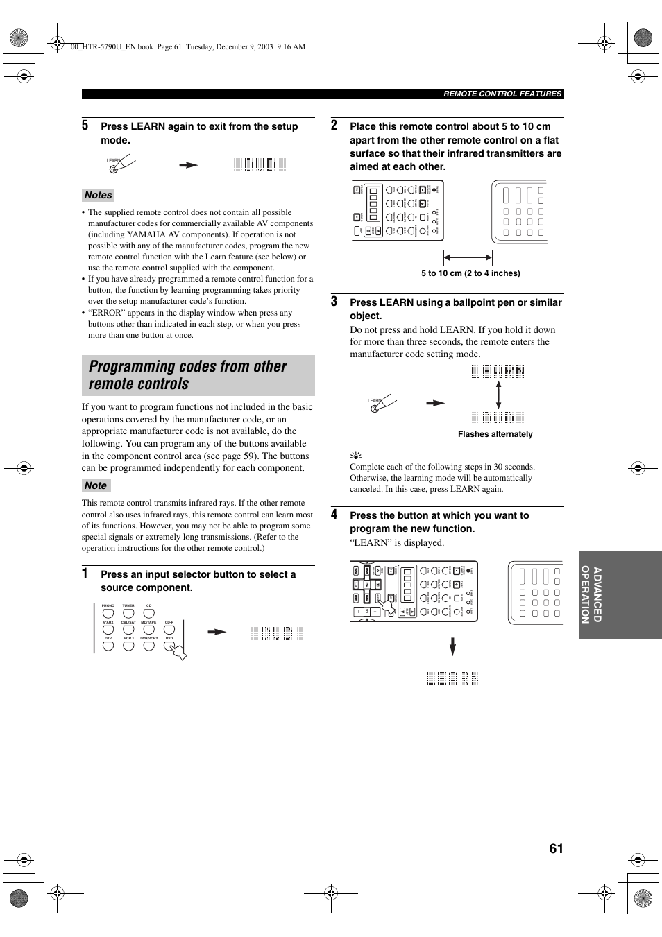 Programming codes from other remote controls, Ad v anced opera t ion, Press learn again to exit from the setup mode | Remote control features | Yamaha HTR-5790 User Manual | Page 65 / 90