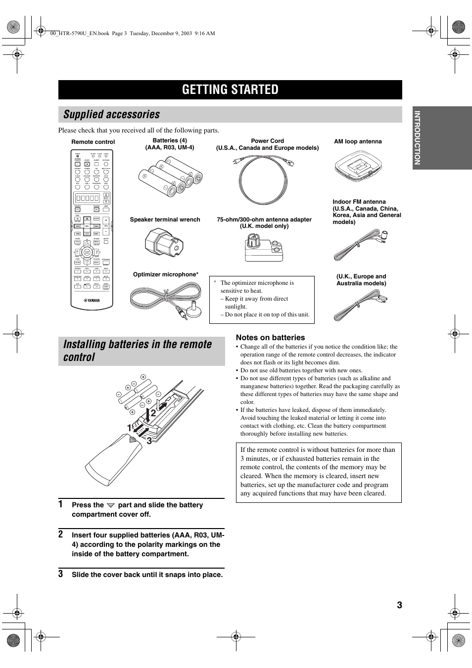 Getting started, Supplied accessories, Installing batteries in the remote control | Slide the cover back until it snaps into place | Yamaha HTR-5790 User Manual | Page 7 / 90