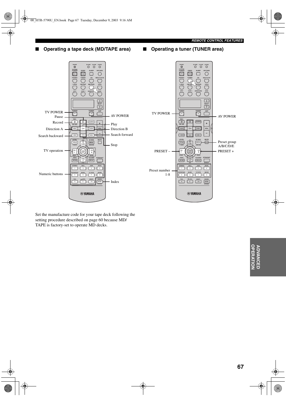 Operating a tape deck (md/tape area), Operating a tuner (tuner area), Ad v anced opera t ion | Remote control features | Yamaha HTR-5790 User Manual | Page 71 / 90
