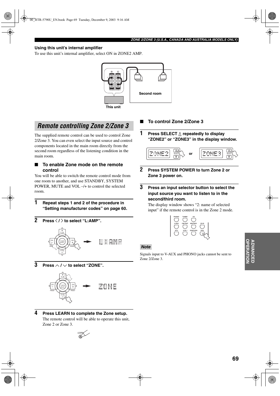 Remote controlling zone 2/zone 3, Press j / i to select “l:amp, Press u / d to select “zone | Yamaha HTR-5790 User Manual | Page 73 / 90