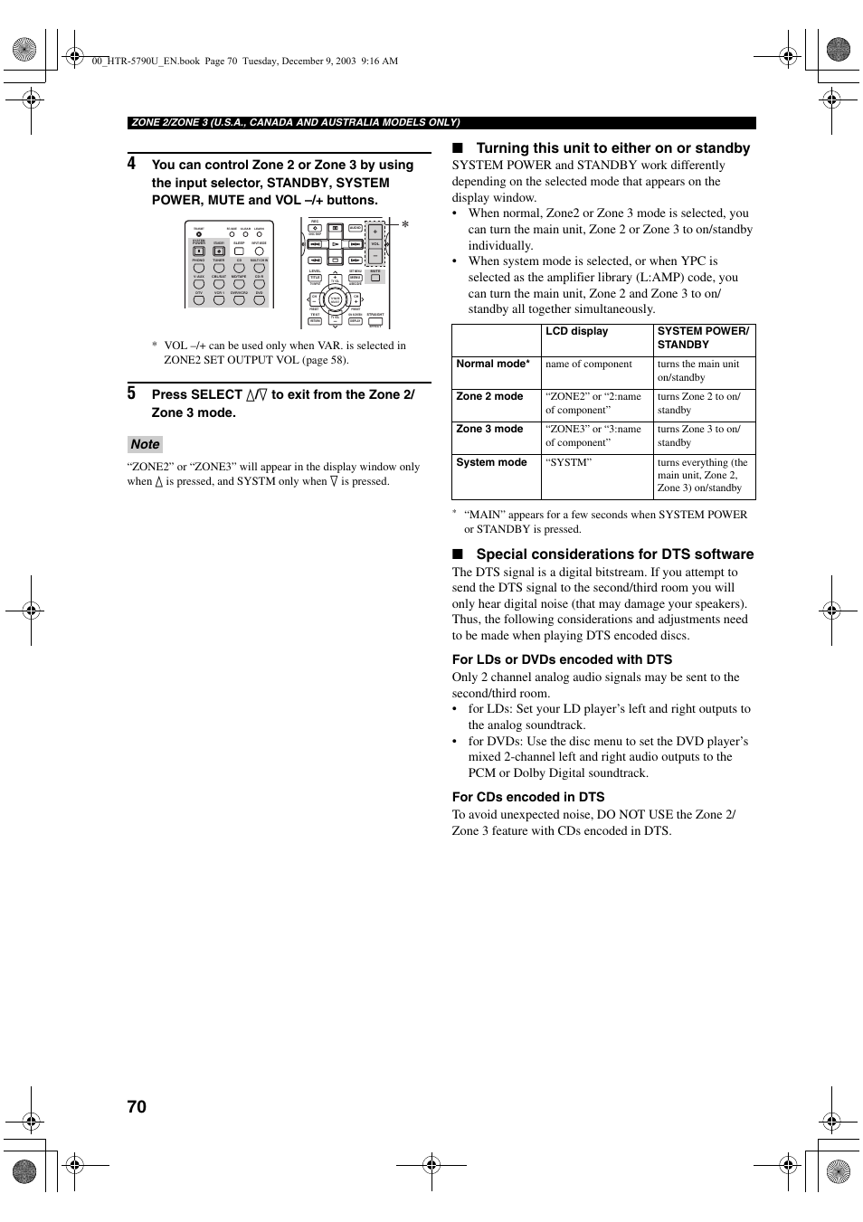 Turning this unit to either on or standby, Special considerations for dts software | Yamaha HTR-5790 User Manual | Page 74 / 90