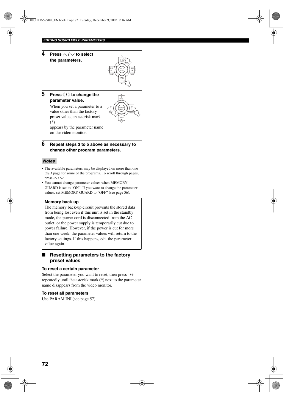 Resetting parameters to the factory preset values | Yamaha HTR-5790 User Manual | Page 76 / 90