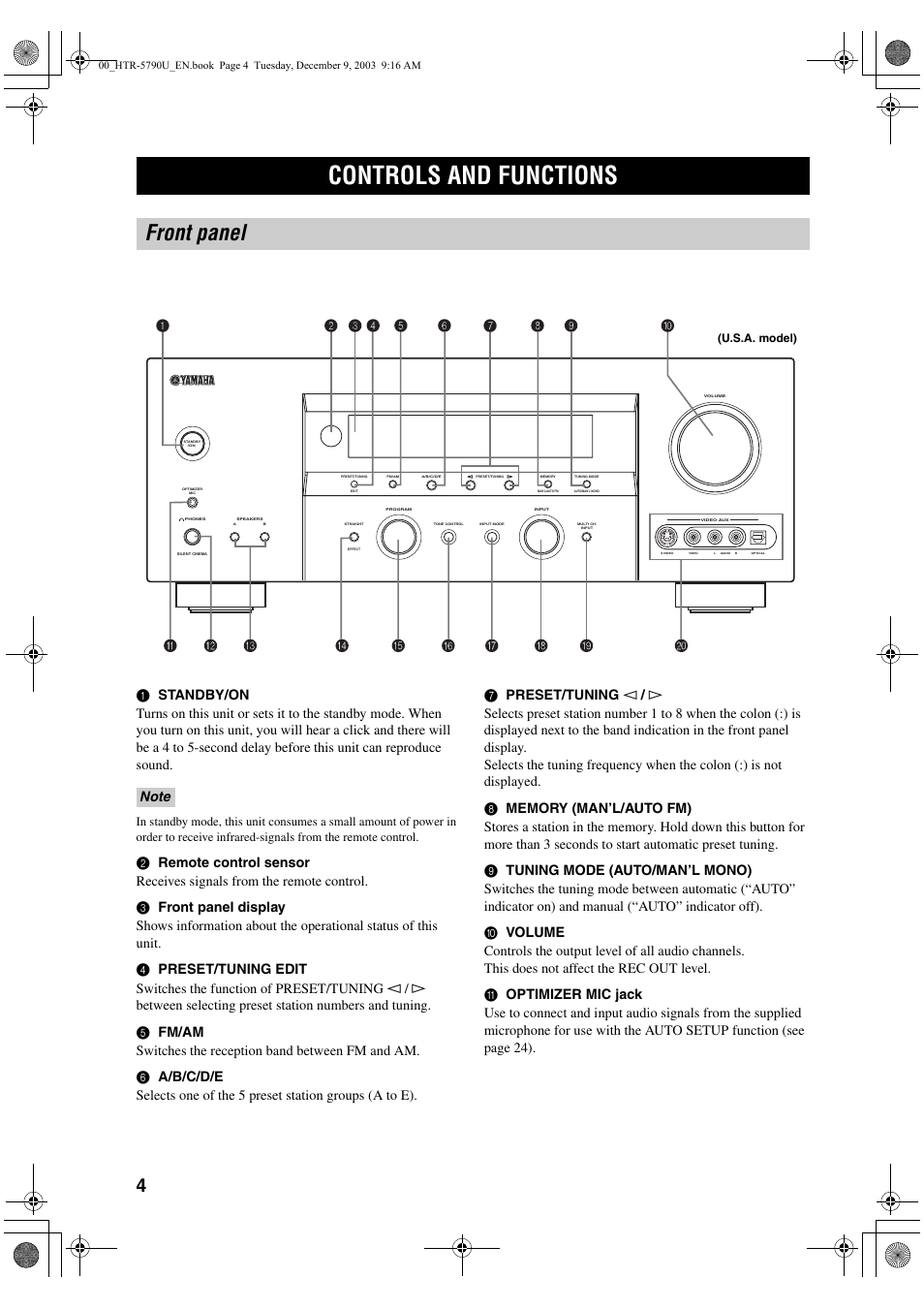 Controls and functions, Front panel | Yamaha HTR-5790 User Manual | Page 8 / 90