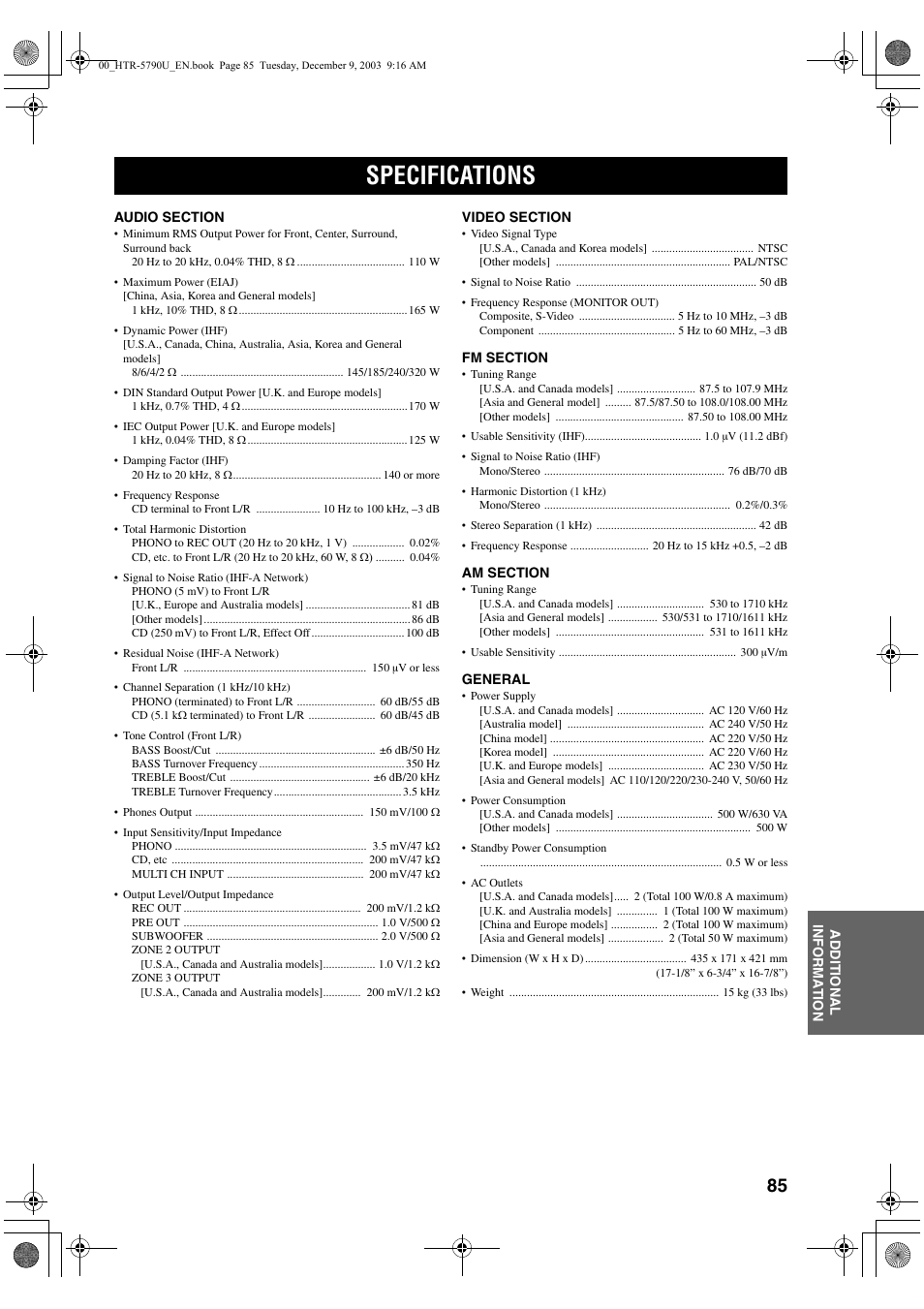 Specifications | Yamaha HTR-5790 User Manual | Page 89 / 90