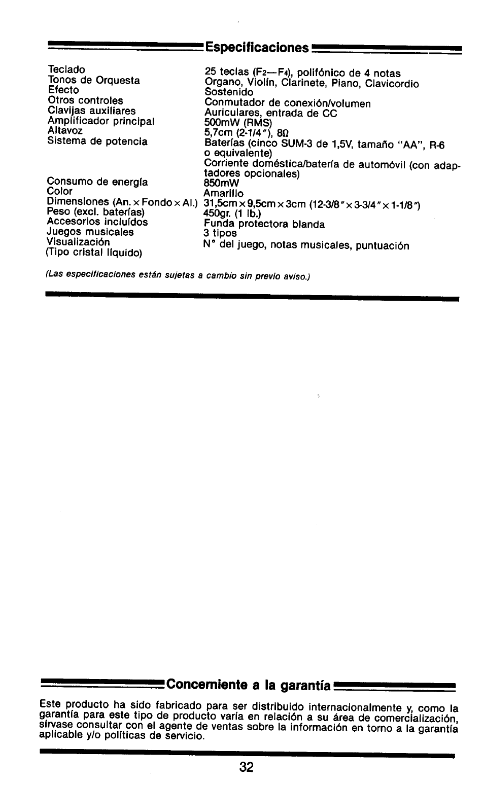 Especificaciones, Concerniente a la garantía | Yamaha HandySound HS-501 User Manual | Page 10 / 12