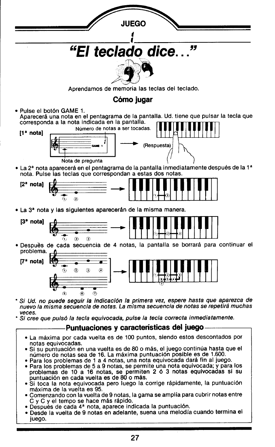 Cómo jugar, Puntuaciones y características del juego, El teclado dice | Yamaha HandySound HS-501 User Manual | Page 5 / 12