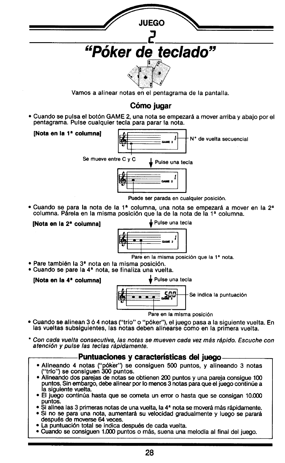 Cómo jugar, Puntuaciones y características dei juego | Yamaha HandySound HS-501 User Manual | Page 6 / 12