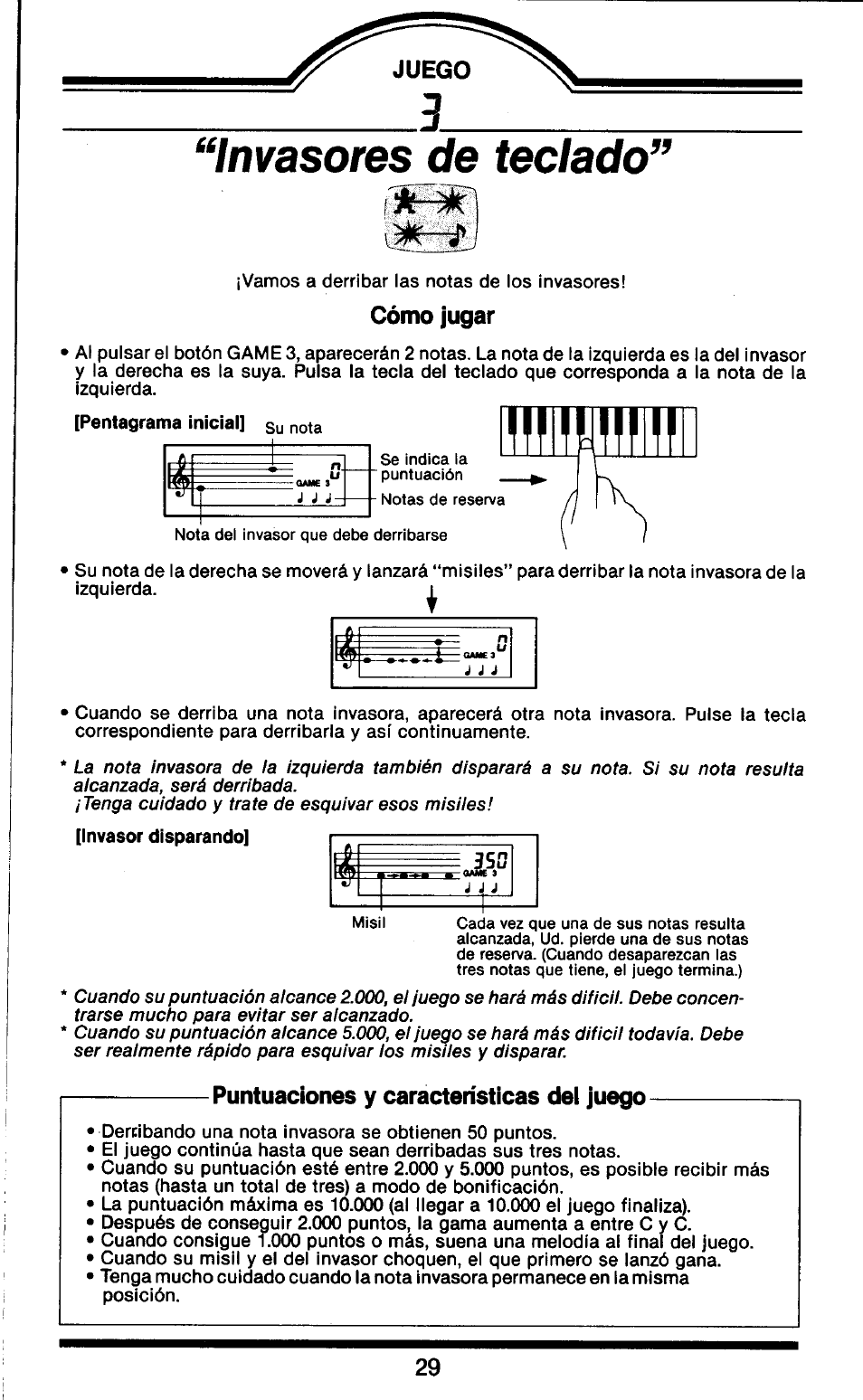 Cómo jugar, Puntuaciones y características dei juego, Invasores de teclado | Yamaha HandySound HS-501 User Manual | Page 7 / 12