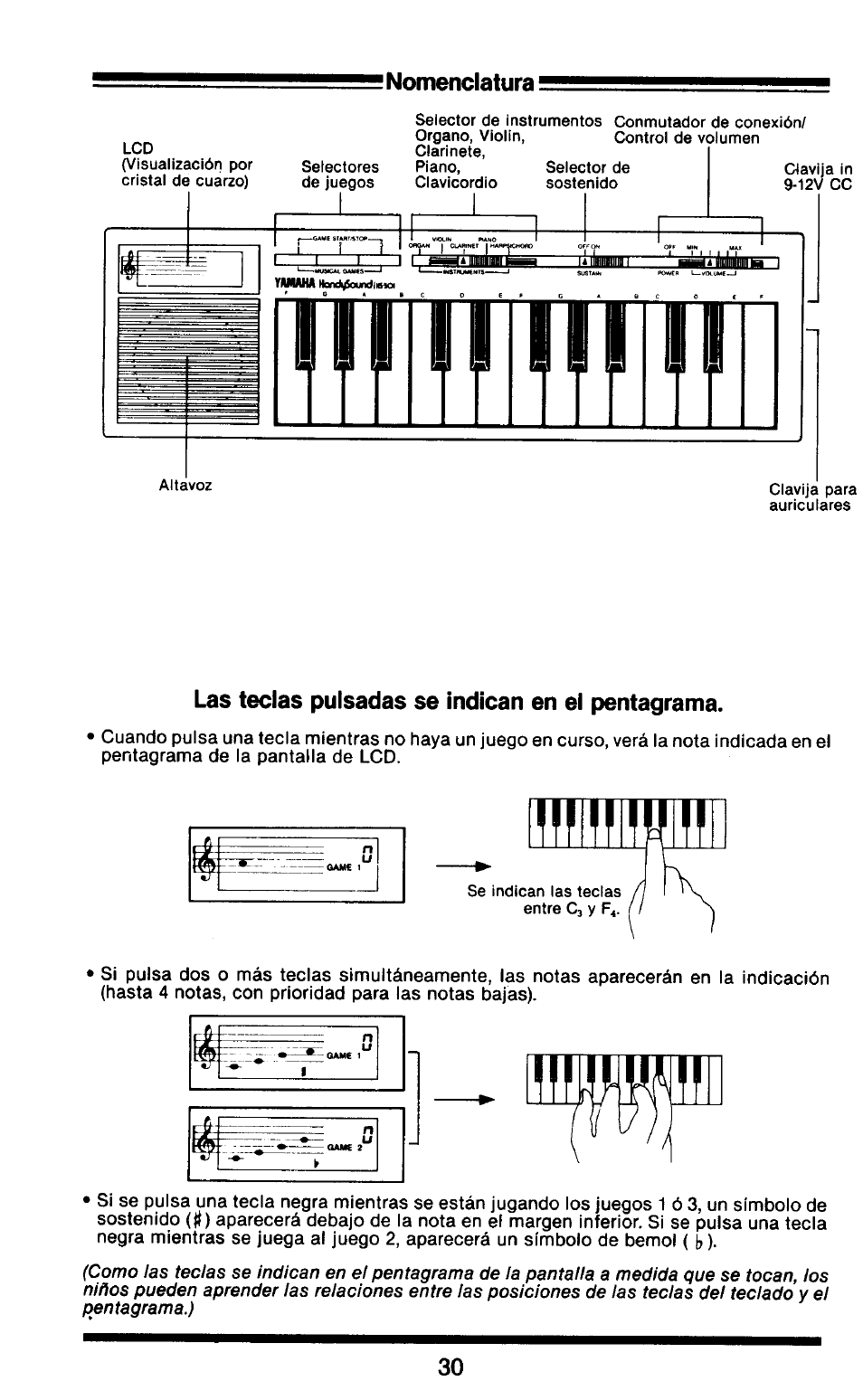 Nomenclatura, Las teclas pulsadas se indican en el pentagrama | Yamaha HandySound HS-501 User Manual | Page 8 / 12