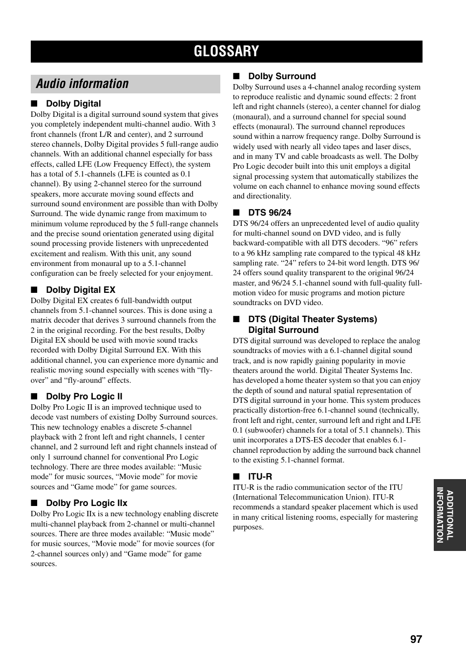 Glossary, Audio information | Yamaha HTR-5940 AV User Manual | Page 101 / 169