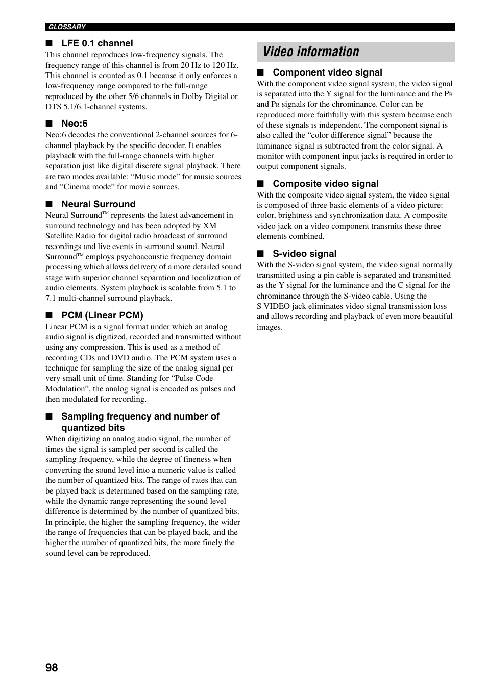 Video information | Yamaha HTR-5940 AV User Manual | Page 102 / 169