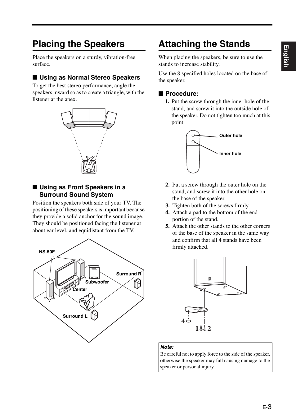 Placing the speakers, Using as normal stereo speakers, Using as front speakers in a surround sound system | Attaching the stands, Procedure | Yamaha HTR-5940 AV User Manual | Page 114 / 169