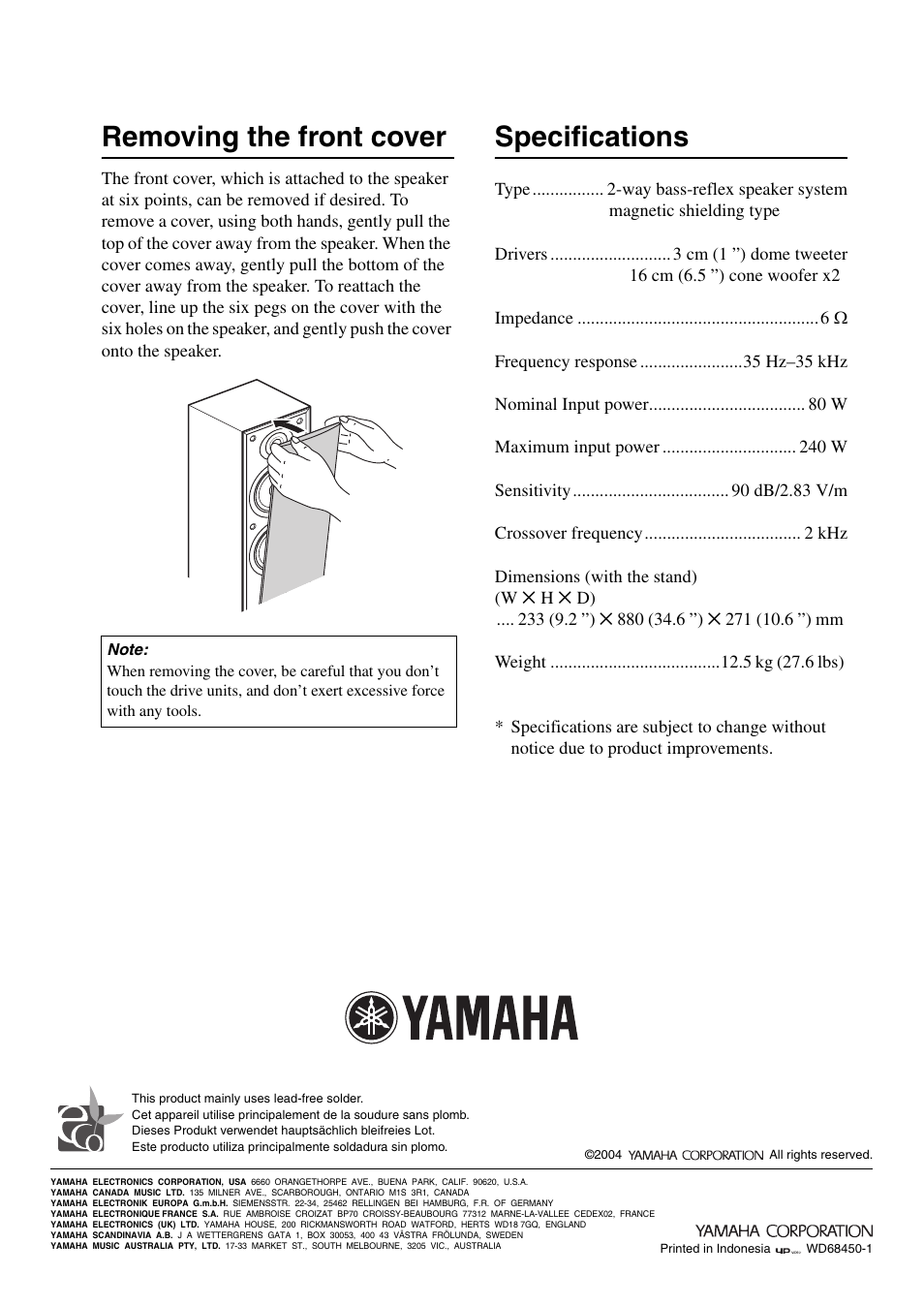 Removing the front cover, Specifications | Yamaha HTR-5940 AV User Manual | Page 116 / 169