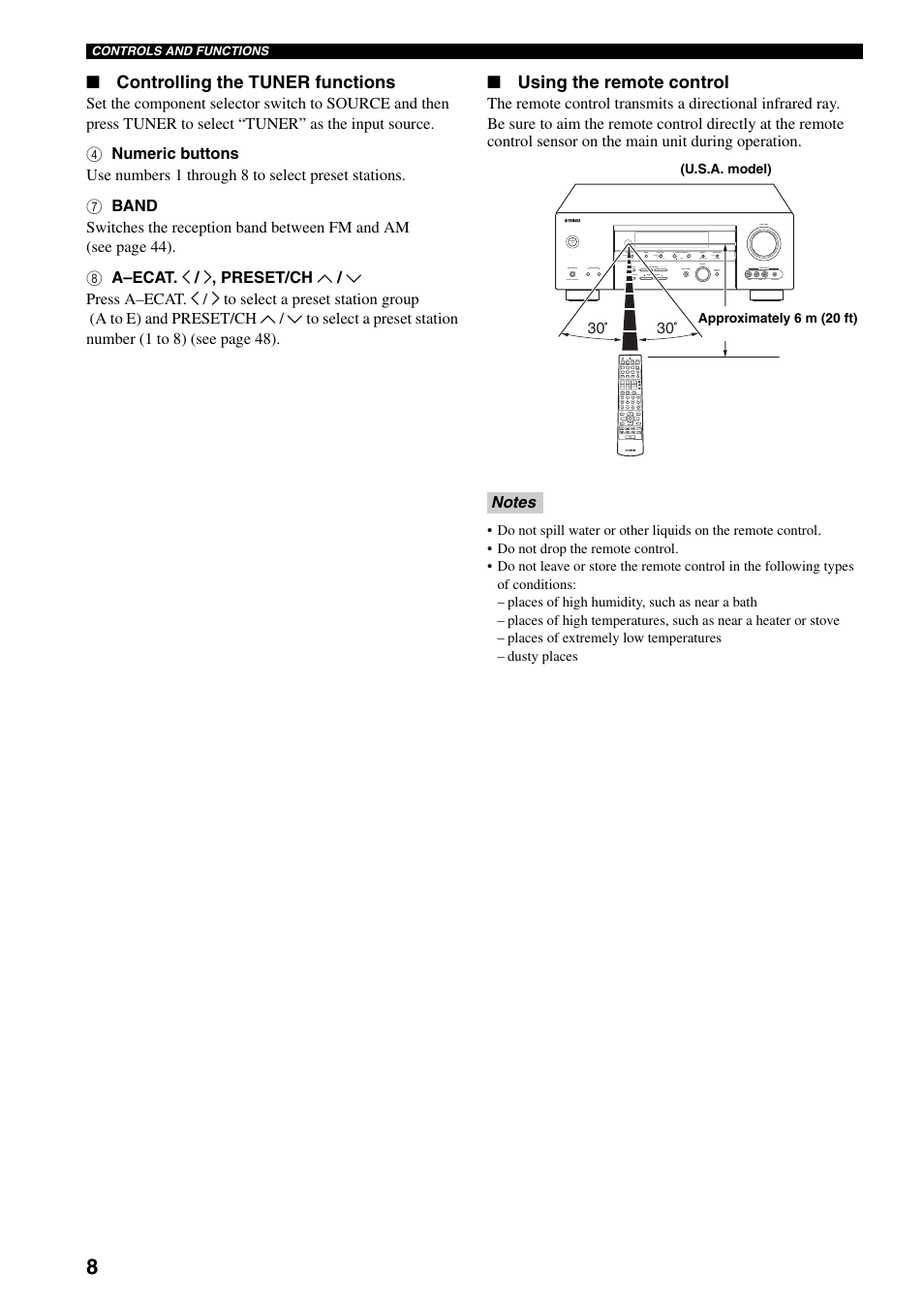 Controlling the tuner functions, Using the remote control | Yamaha HTR-5940 AV User Manual | Page 12 / 169