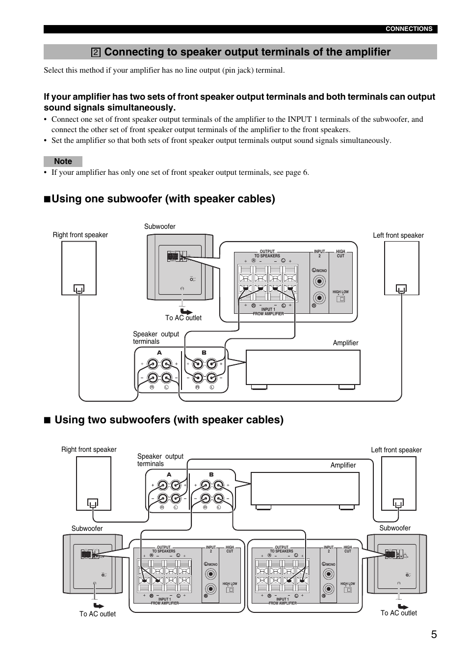 Using one subwoofer (with speaker cables), Using two subwoofers (with speaker cables) | Yamaha HTR-5940 AV User Manual | Page 134 / 169