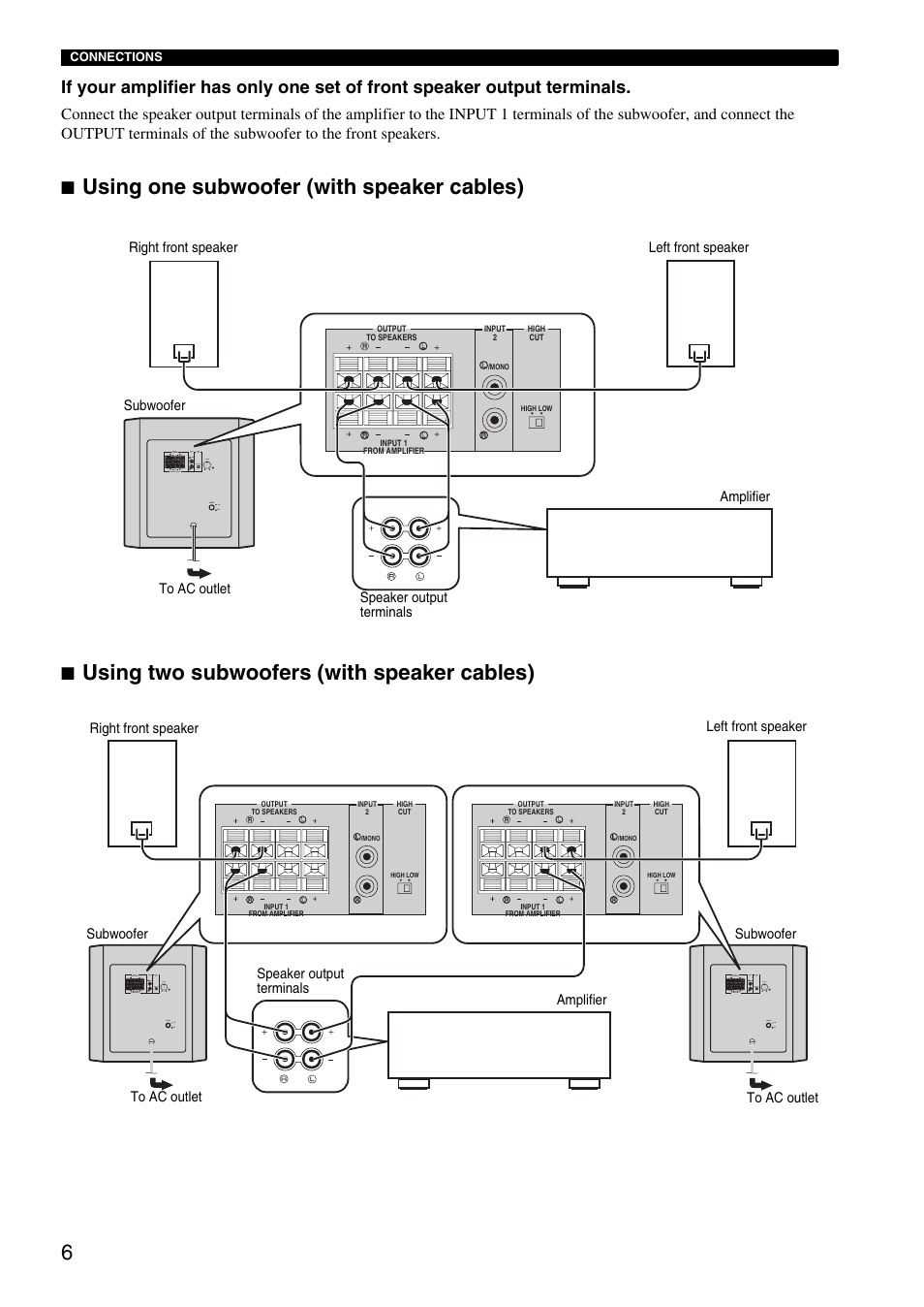 Using one subwoofer (with speaker cables), Using two subwoofers (with speaker cables) | Yamaha HTR-5940 AV User Manual | Page 135 / 169