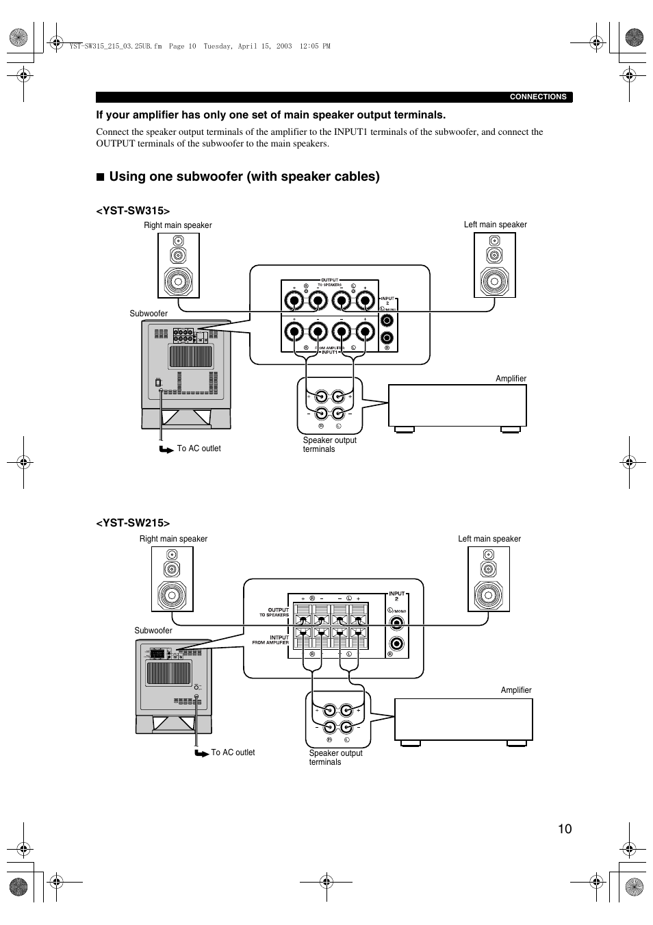Using one subwoofer (with speaker cables) | Yamaha HTR-5940 AV User Manual | Page 158 / 169