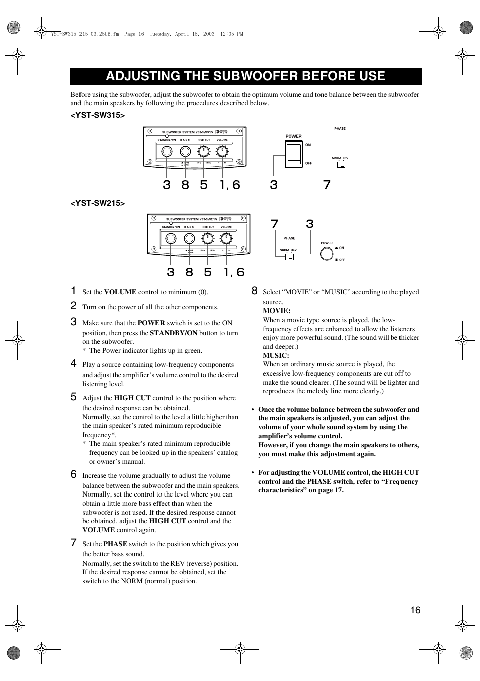 Adjusting the subwoofer before use | Yamaha HTR-5940 AV User Manual | Page 164 / 169