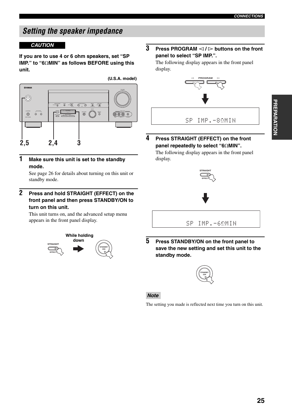 Setting the speaker impedance, Sp imp min, Caution | Auto/man'l man'l/auto fm level next edit effect, Search mode display category | Yamaha HTR-5940 AV User Manual | Page 29 / 169