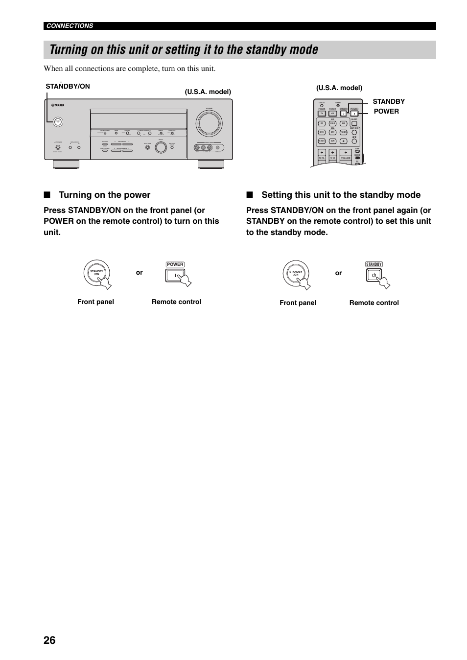 Turning on the power, Setting this unit to the standby mode, Auto/man'l man'l/auto fm level next edit effect | Search mode display category, Or front panel remote control, Connections | Yamaha HTR-5940 AV User Manual | Page 30 / 169