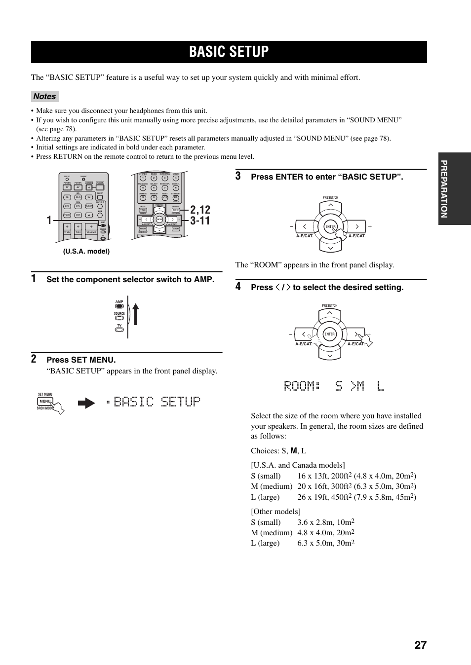 Basic setup, Room: s >m l, Set the component selector switch to amp | Press j / i to select the desired setting, U.s.a. model) | Yamaha HTR-5940 AV User Manual | Page 31 / 169