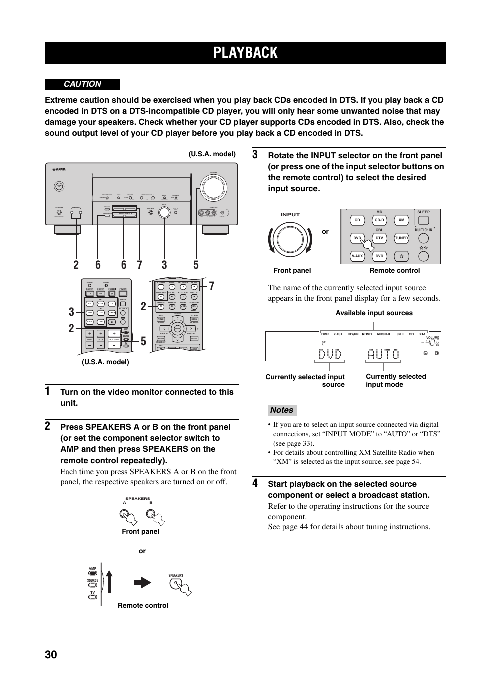 Playback, Dvd auto, Turn on the video monitor connected to this unit | Caution, Auto/man'l man'l/auto fm level next edit effect, Search mode display category, U.s.a. model), Front panel remote control or | Yamaha HTR-5940 AV User Manual | Page 34 / 169