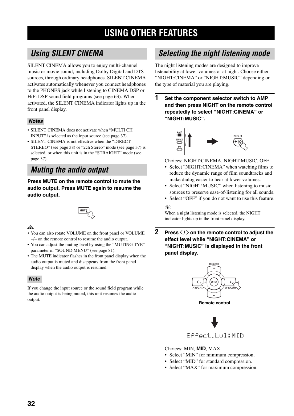 Using other features, Using silent cinema, Muting the audio output | Selecting the night listening mode, Effect.lvl:mid | Yamaha HTR-5940 AV User Manual | Page 36 / 169