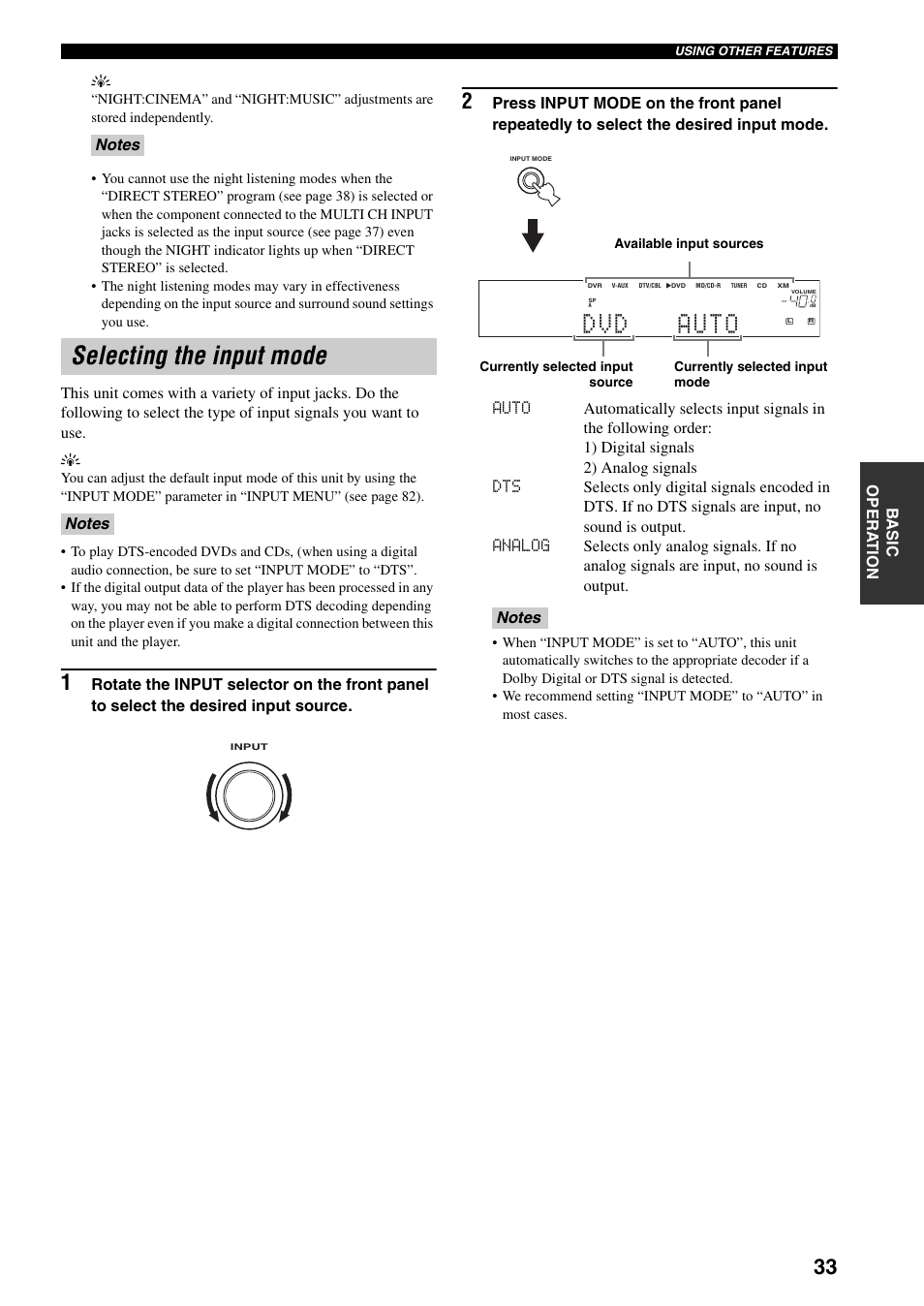 Selecting the input mode, Dvd auto | Yamaha HTR-5940 AV User Manual | Page 37 / 169