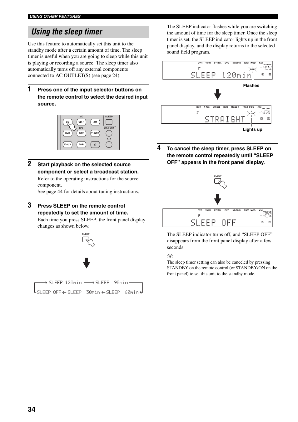 Using the sleep timer, Sleep 120min, Straight | Sleep off, Flashes, Lights up | Yamaha HTR-5940 AV User Manual | Page 38 / 169