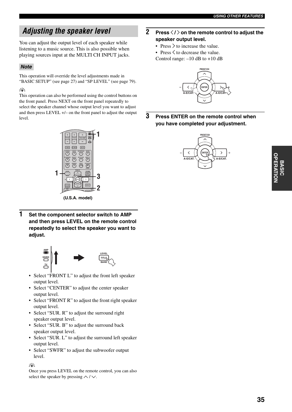 Adjusting the speaker level, U.s.a. model) | Yamaha HTR-5940 AV User Manual | Page 39 / 169