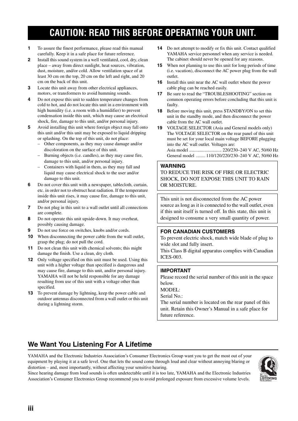 Caution: read this before operating your unit, We want you listening for a lifetime | Yamaha HTR-5940 AV User Manual | Page 4 / 169