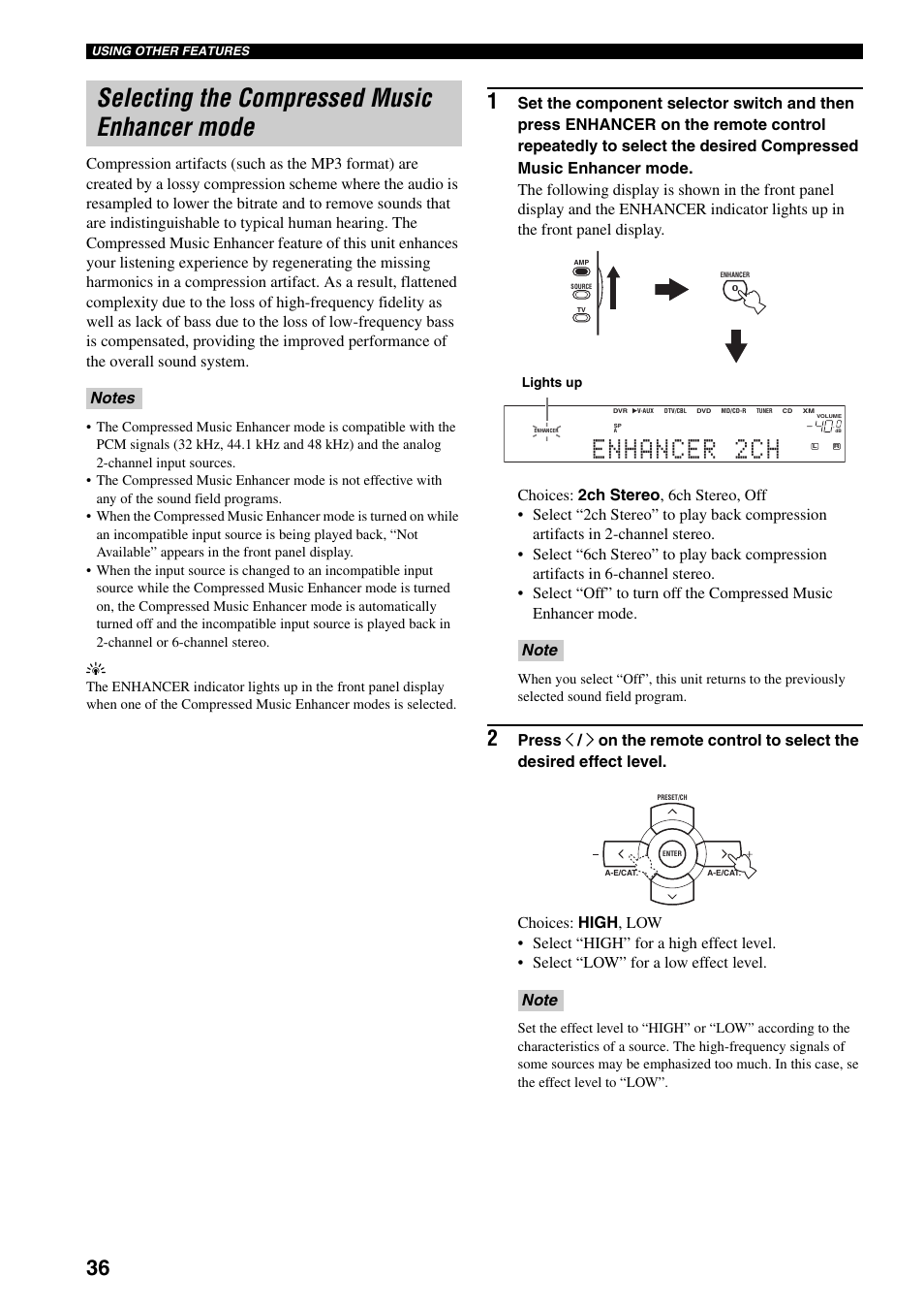 Selecting the compressed music enhancer mode, Enhancer 2ch | Yamaha HTR-5940 AV User Manual | Page 40 / 169