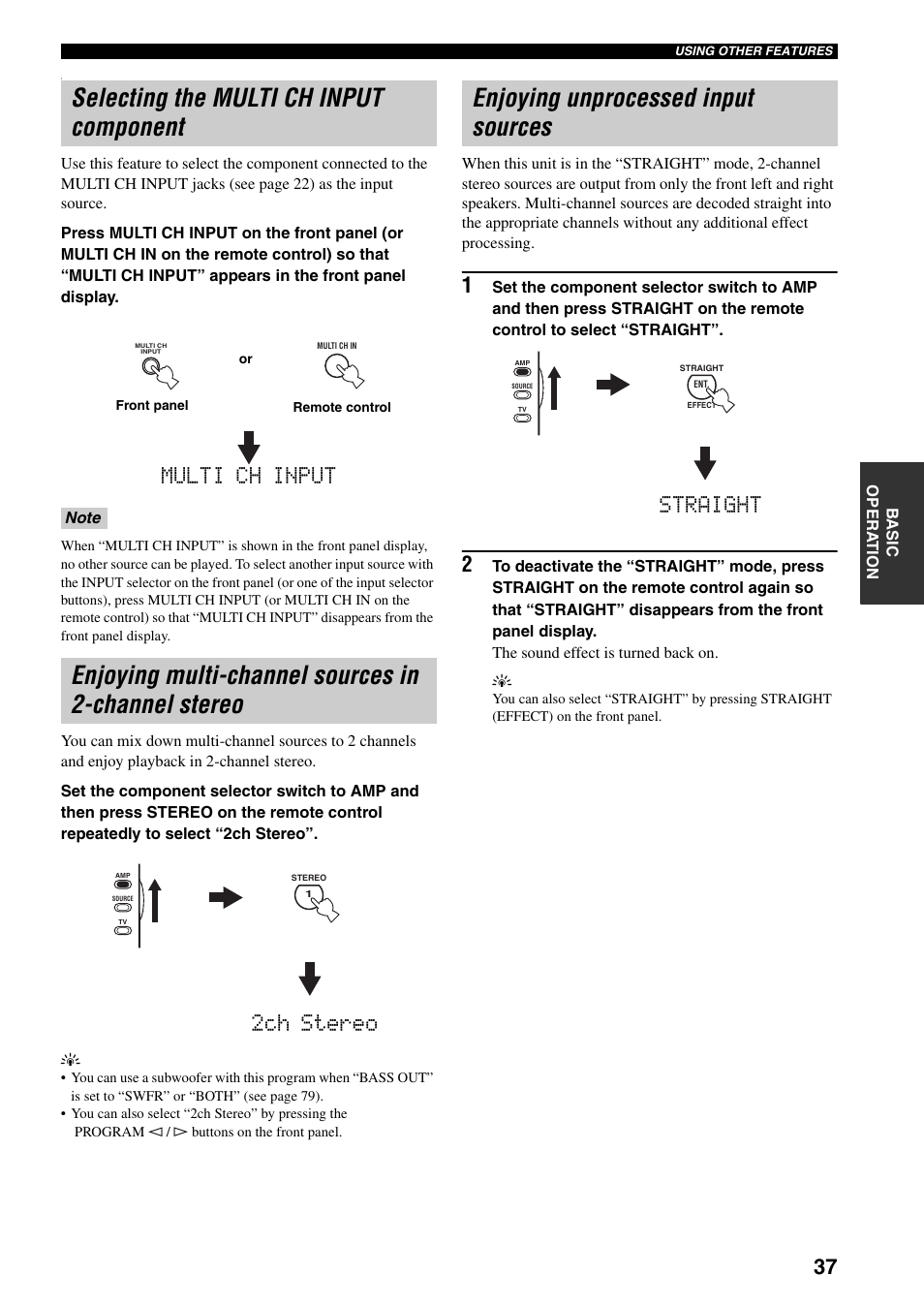 Selecting the multi ch input component, Enjoying multi-channel sources in 2-channel stereo, Enjoying unprocessed input sources | Multi ch input, 2ch stereo, Straight | Yamaha HTR-5940 AV User Manual | Page 41 / 169