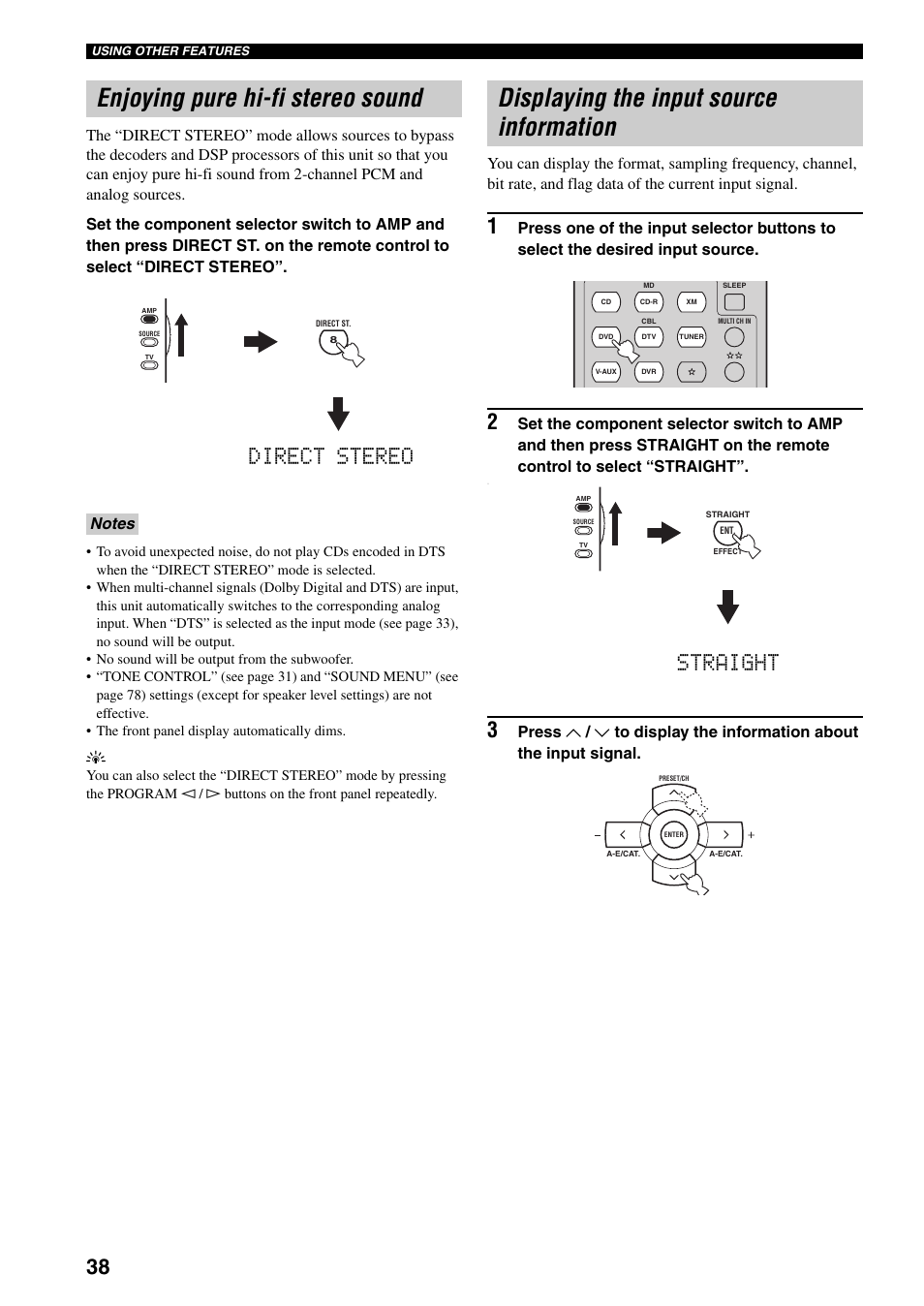 Enjoying pure hi-fi stereo sound, Displaying the input source information, Direct stereo | Straight | Yamaha HTR-5940 AV User Manual | Page 42 / 169