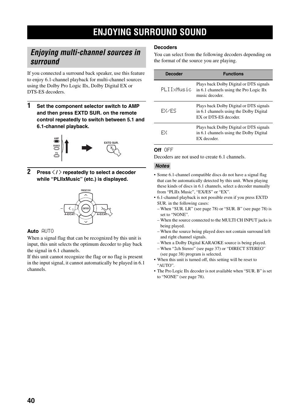 Enjoying surround sound, Enjoying multi-channel sources in surround | Yamaha HTR-5940 AV User Manual | Page 44 / 169