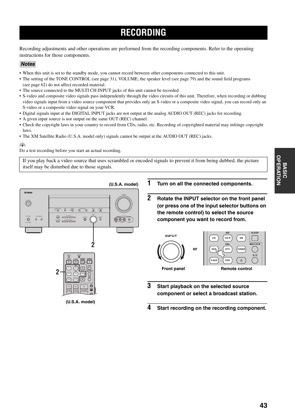 Recording, Turn on all the connected components, Start recording on the recording component | Auto/man'l man'l/auto fm level next edit effect, Search mode display category, U.s.a. model), Or front panel remote control | Yamaha HTR-5940 AV User Manual | Page 47 / 169