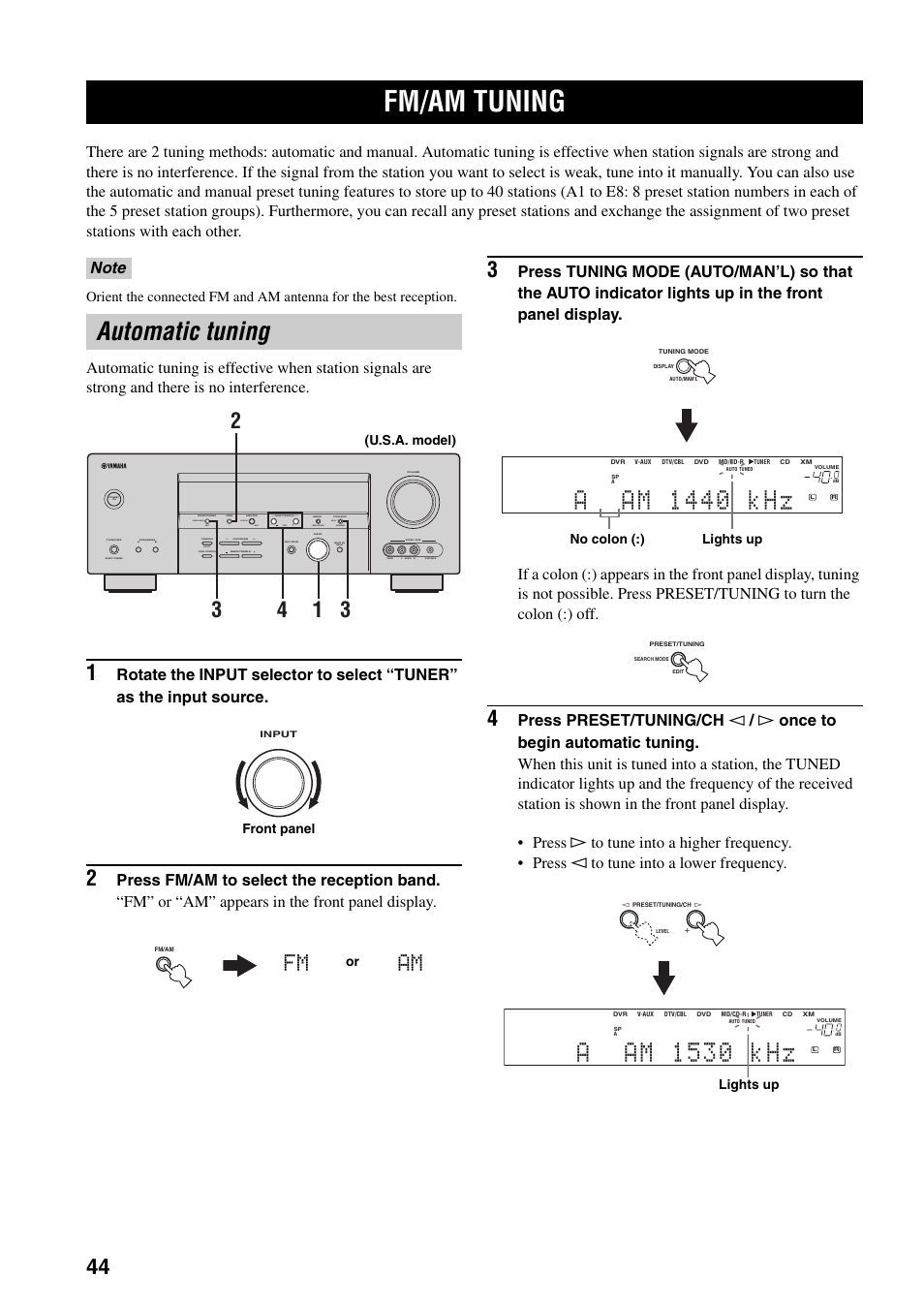 Fm/am tuning, Automatic tuning, Aam 1440 khz | Aam 1530 khz, Am fm, Auto/man'l man'l/auto fm level next edit effect, Search mode display category | Yamaha HTR-5940 AV User Manual | Page 48 / 169