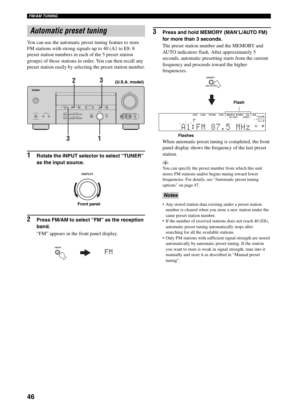 Automatic preset tuning, A1:fm 87.5 mhz, Auto/man'l man'l/auto fm level next edit effect | Search mode display category | Yamaha HTR-5940 AV User Manual | Page 50 / 169