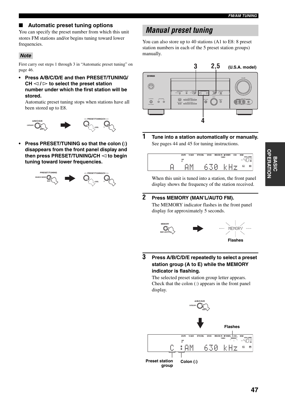 Manual preset tuning, Aam 630 khz, C :am 630 khz | Automatic preset tuning options, Auto/man'l man'l/auto fm level next edit effect, Search mode display category | Yamaha HTR-5940 AV User Manual | Page 51 / 169