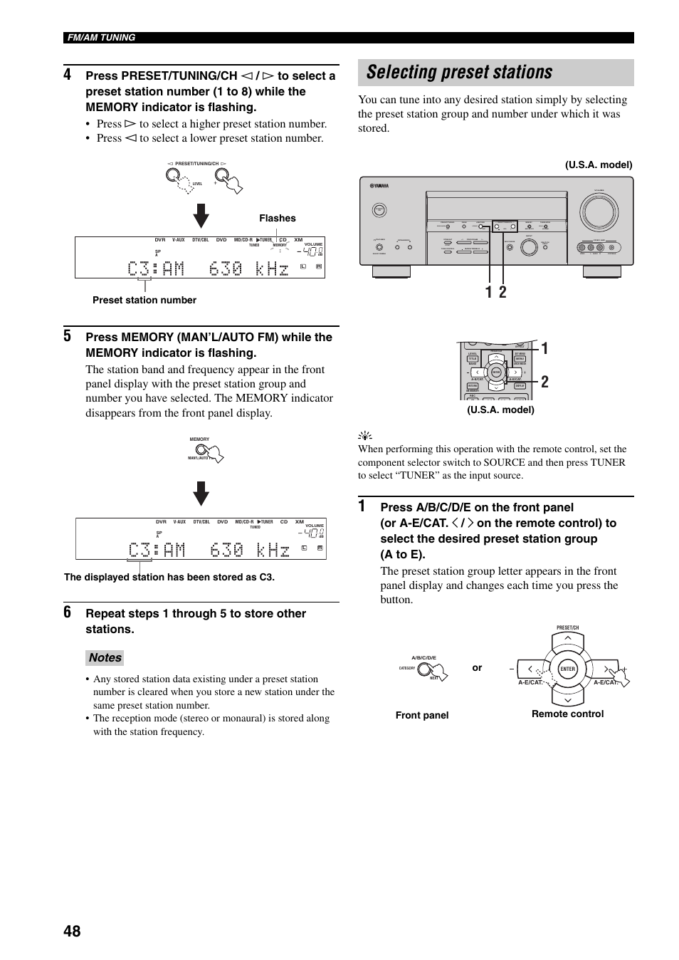 Selecting preset stations, C3:am 630 khz, Repeat steps 1 thro ugh 5 to stor e other stations | Auto/man'l man'l/auto fm level next edit effect, Search mode display category, Preset station number flashes, The displayed station has been stored as c3, U.s.a. model), Or front panel remote control, Fm/am tuning | Yamaha HTR-5940 AV User Manual | Page 52 / 169