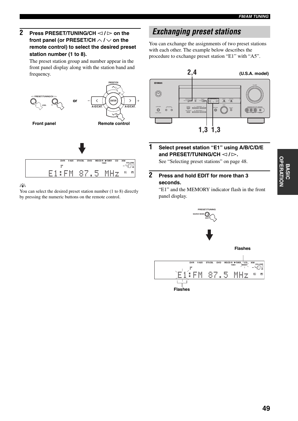 Exchanging preset stations, E1:fm 87.5 mhz, Auto/man'l man'l/auto fm level next edit effect | Search mode display category, Or front panel remote control, U.s.a. model), Flashes | Yamaha HTR-5940 AV User Manual | Page 53 / 169