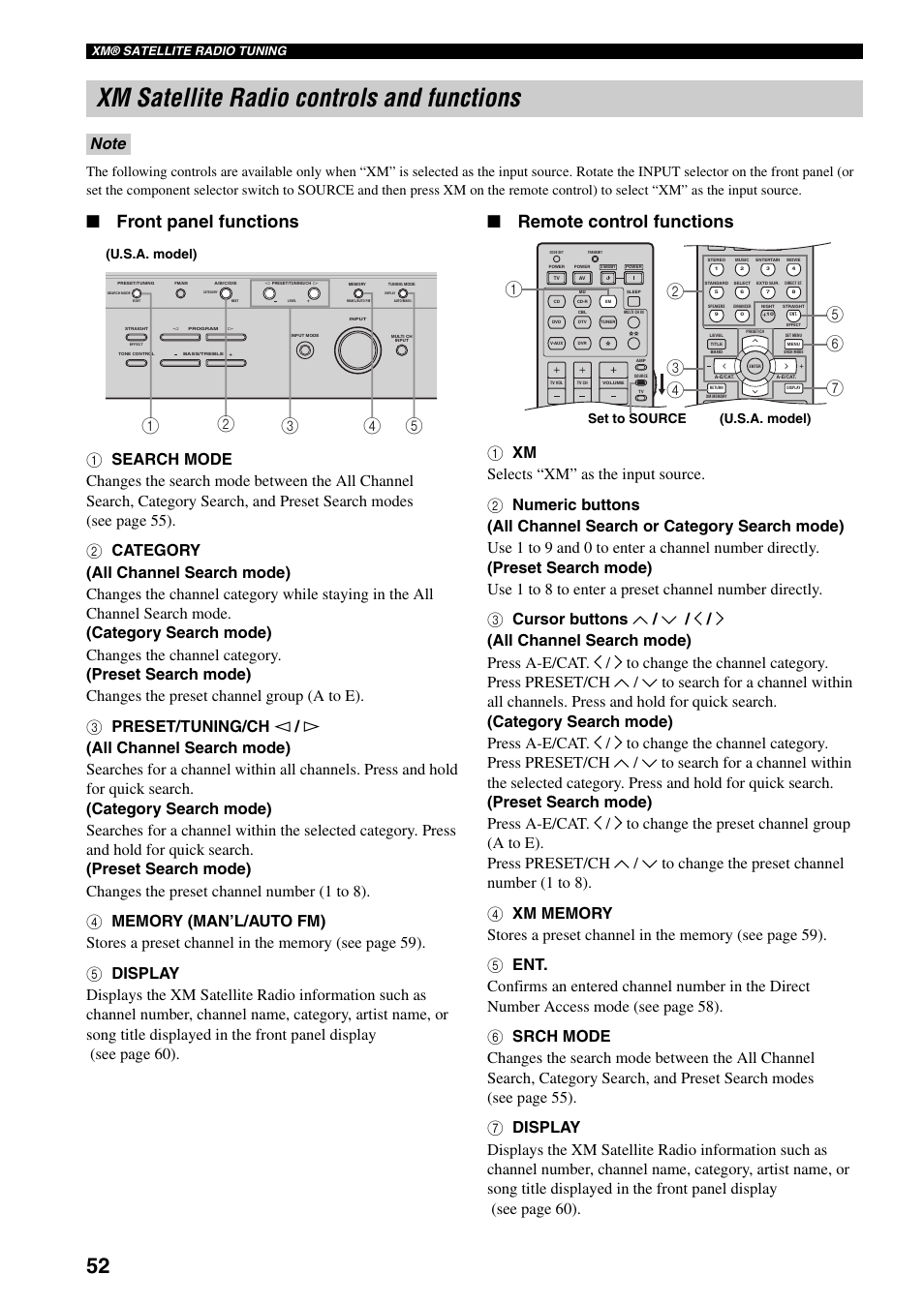 Xm satellite radio controls and functions, Front panel functions, Remote control functions | U.s.a. model), U.s.a. model) set to source, Xm® satellite radio tuning | Yamaha HTR-5940 AV User Manual | Page 56 / 169