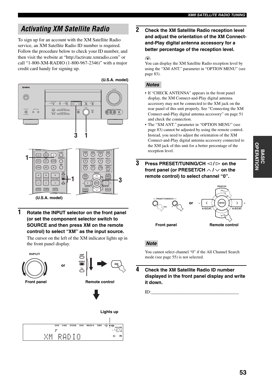 Activating xm satellite radio, Xm radio, Auto/man'l man'l/auto fm level next edit effect | Search mode display category, U.s.a. model), Or remote control front panel, Lights up, Remote control or front panel, Xm® satellite radio tuning | Yamaha HTR-5940 AV User Manual | Page 57 / 169