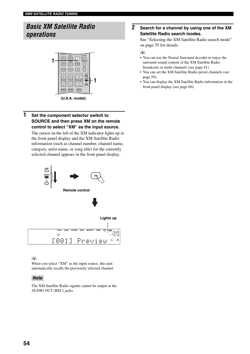 Basic xm satellite radio operations, 001] preview, U.s.a. model) | Lights up, Remote control | Yamaha HTR-5940 AV User Manual | Page 58 / 169