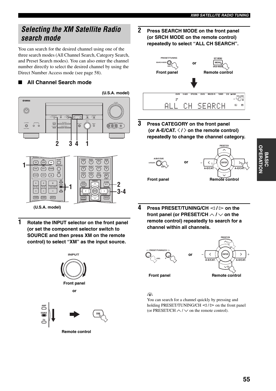 Selecting the xm satellite radio search mode, All ch search, All channel search mode | Auto/man'l man'l/auto fm level next edit effect, Search mode display category, U.s.a. model), Or remote control front panel, Or front panel remote control, Remote control or front panel, Remote control front panel or | Yamaha HTR-5940 AV User Manual | Page 59 / 169