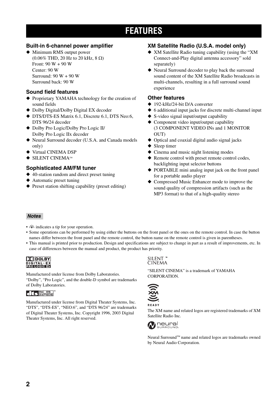 Features | Yamaha HTR-5940 AV User Manual | Page 6 / 169